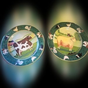Folk art hand painted plates a sheep and a cow